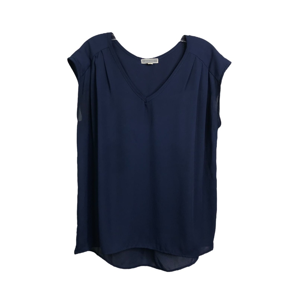 Pleione‎ Women's Blouse Sleeveless Navy Blue Pleated V-Neck Sz S
